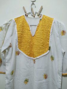 Golden Yellow Polka Dot Floral Print Kurta