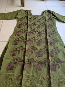 Mehendi Green And Brown Pure Cotton Suit