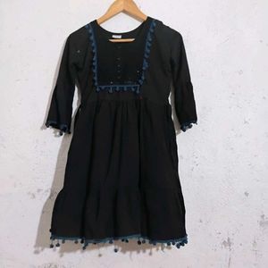 Black Dress with Pom-Pom Trim