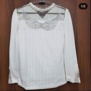 White Fullsleeves Top With Net And Rhinestones