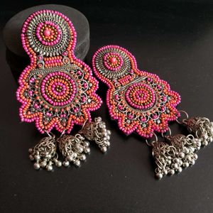 Pink Beaded Jhumka Earrings
