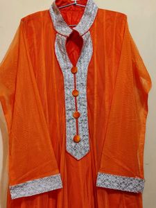 Orange Anarkali Suit Gold Embroidery with Dupatta