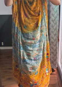 Beaded Dual-tone Saree In Mustard And Teal