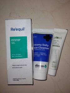 Re'equil Pitstop Gel & The Derma Co Face Cleanser & Plum Moisturizer