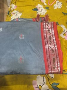 Gray &amp; Red Saree with Bird Motif