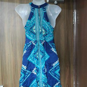 Blue Patterned Sleeveless Dress
