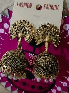 Oxidised Gold Peacock Jhumki