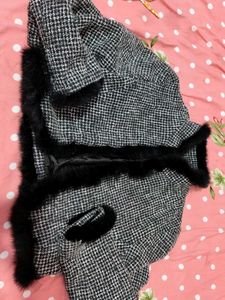 Houndstooth Cape with Faux Fur Trim