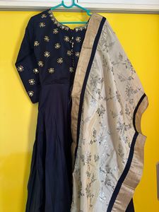 Navy Blue Anarkali With White Duppata