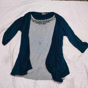 Grey &amp; Teal Embellished Top