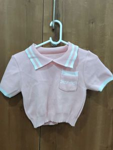 Korean Cute Pink Collared Top And Mini Skirt
