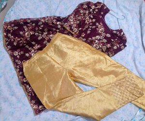 Maroon Embroidered Frock with Golden Silk Pant