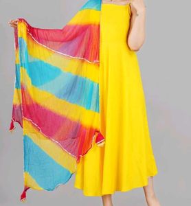 Bright Yellow Anarkali Dress with Colorful Dupatta