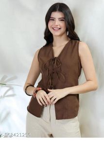 Brown Tie-Front Sleeveless Top