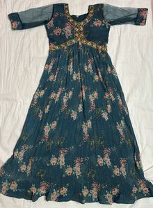Sea Blue Floral Print Ethnic Gown