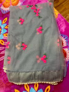 Silver Net Saree With Rani Colour Flowers 🌺 Print