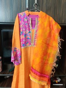 Orange &amp; Floral Anarkali Dress