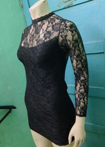 Black Lace Mock Neck Mini Dress