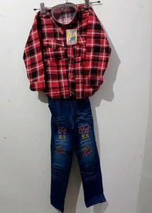 Boy's Red Plaid Shirt & Jeans Set