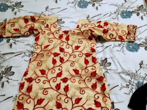 Red And Golden Net Embroidery Kurta