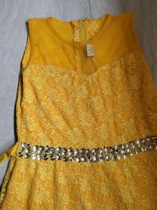 Golden Gown With Beautiful Net And Mirror Work