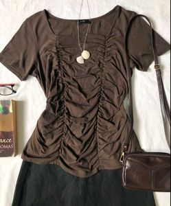 Brown Ruched Top &amp; Skirt Set