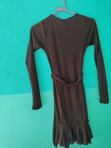 Overlapping Styled Neck Rib Dress With Flared Hem