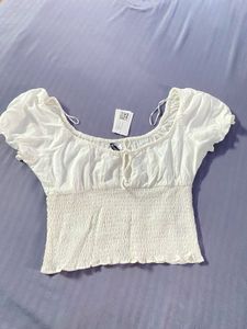 H&amp;M White Smocked Crop Top