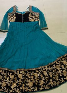 Teal &amp; Black Embroidered Anarkali