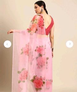 Pink Floral Organza Saree with stitched blouse.