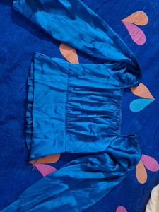 Blue Satin Ruched Crop Top