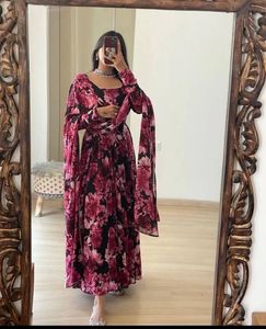 Black And Pink Floral Anarkali With Dupatta