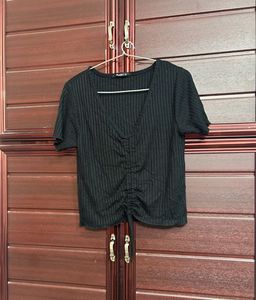 Black Ribbed V-Neck Top