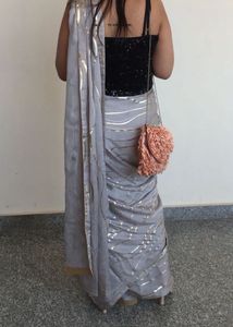 Elegant Grey Striped Saree
