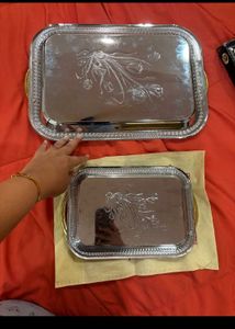 3 Steel Serving Tray With Golden Flower 🌼 Design