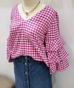 Gingham Ruffle Sleeve Top