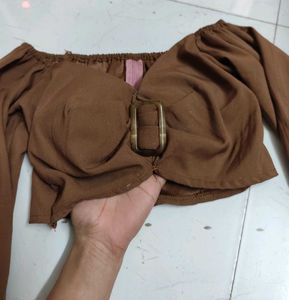 Brown Smoked Crop Top With Buckle Detail
