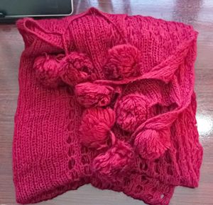 Woollen Red Scarf with Pom Poms