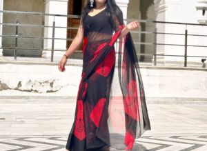 Red &amp; Black Floral Saree
