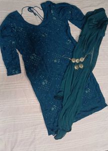 Peacock Green Kurti With Dupatta And Jewellery