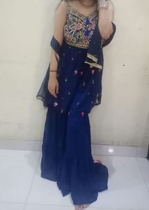 Blue Sleeveless 3 Piece Gharara Set