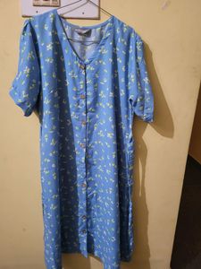 Sky Blue Elegant Dress, Calf Length With Full Open Button In Front.
