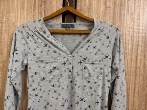 Grey Bird Print Long Sleeve Henley Top – S