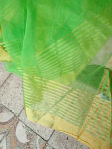 Green &amp; Gold Striped Saree Fabric