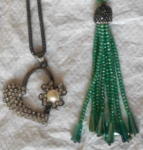 Long Heart &amp; Pearl Necklace 🦪 + stone chain 💚