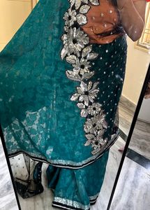 Designer Turquoise Green Saree With Black Net