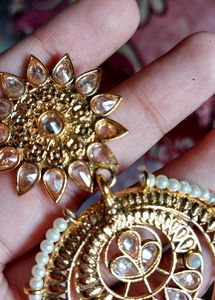 White Gold Pearl Kundan Chandbali Earrings