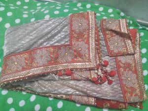 Elegant Silver &amp; Red lahanga Saree
