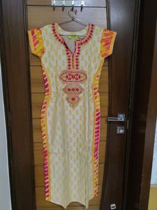 Cream Yellow  Embroidered Kurti