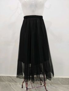 Black Pleated Tulle Midi Skirt
